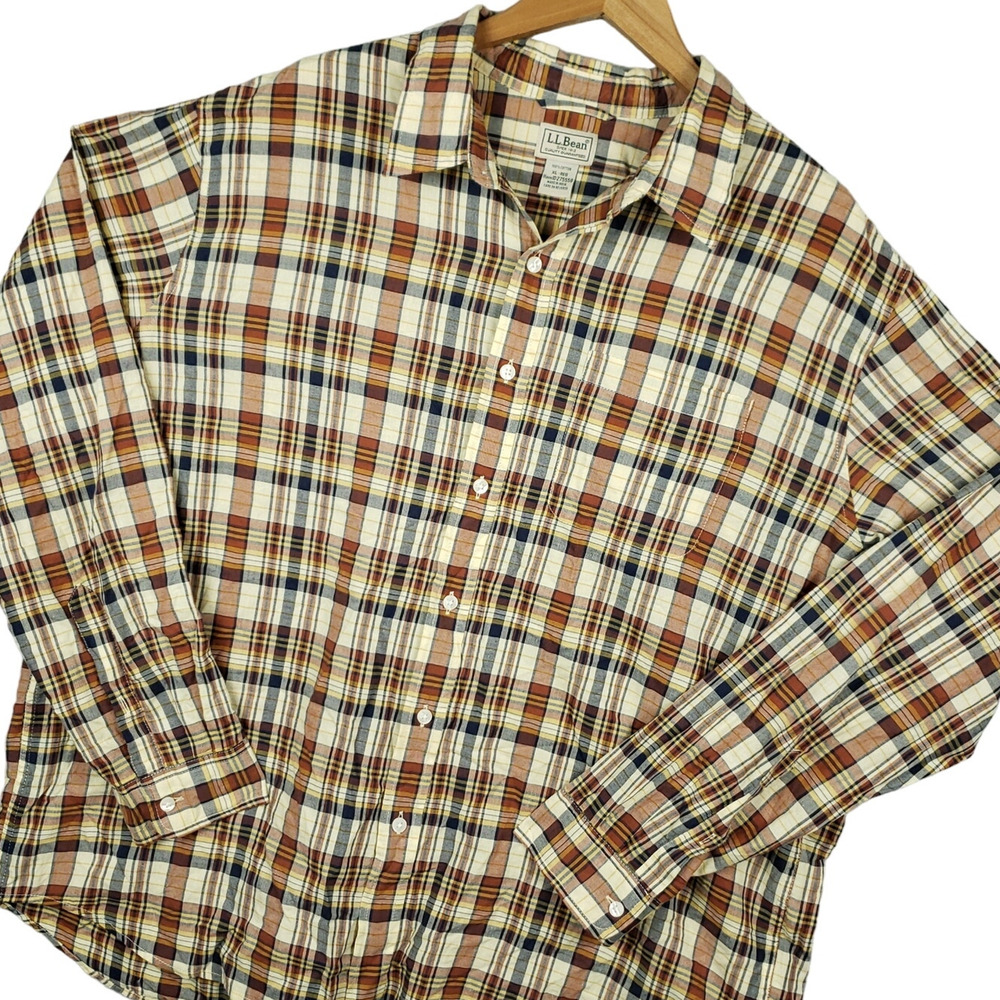 L.L. Bean Men's 100% Cotton Button-Up Shirt XL Long Sleeve Classic Brown Plaid